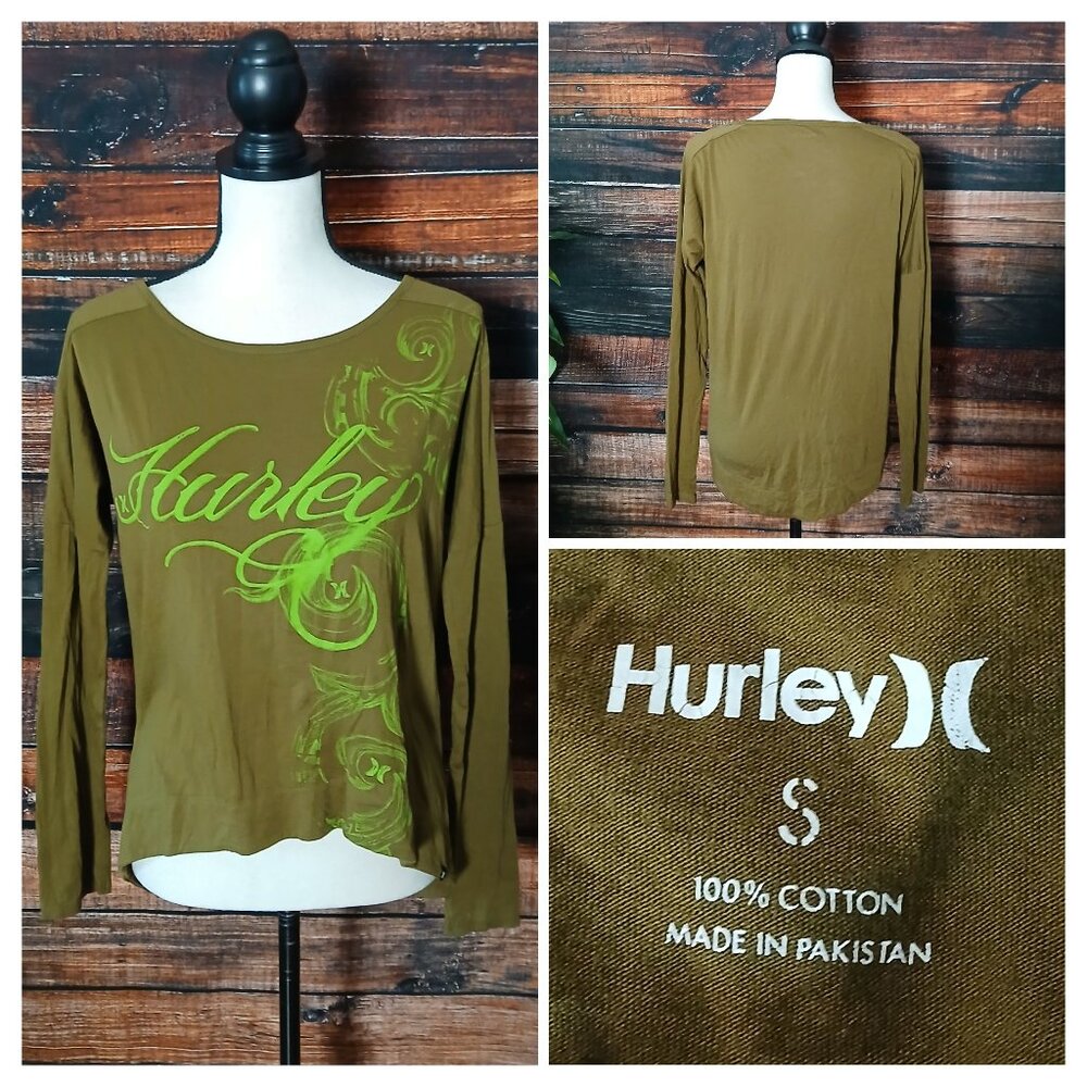 Hurley Top S Cotton Hi Low Olive Green Graphic Logo Y2K